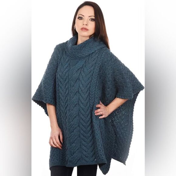 Aran Sweater Market Supersoft Merino Wool Poncho with Cowl Neck One Size - Picture 1 of 6